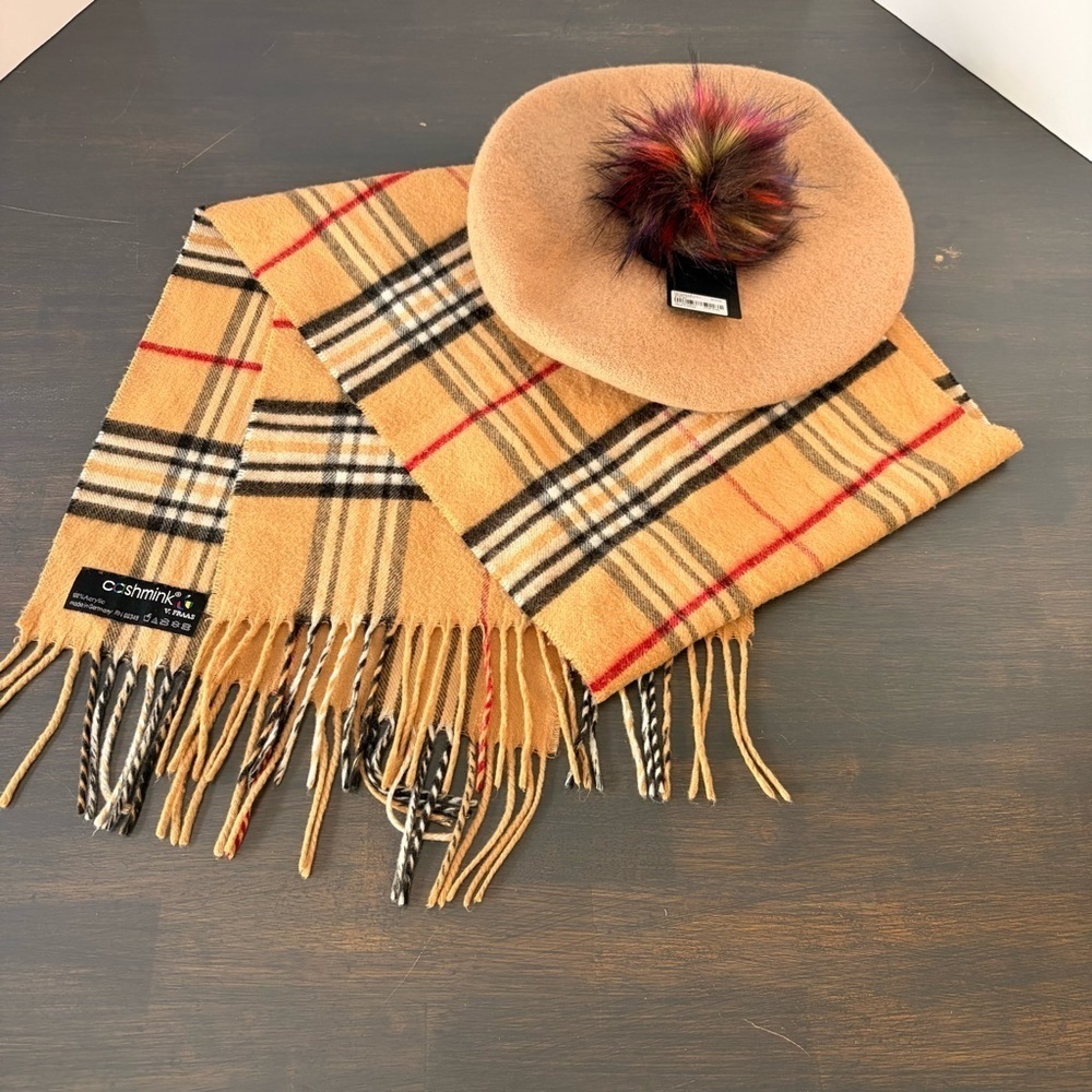 Tan Plaid Scarf and Beret Set